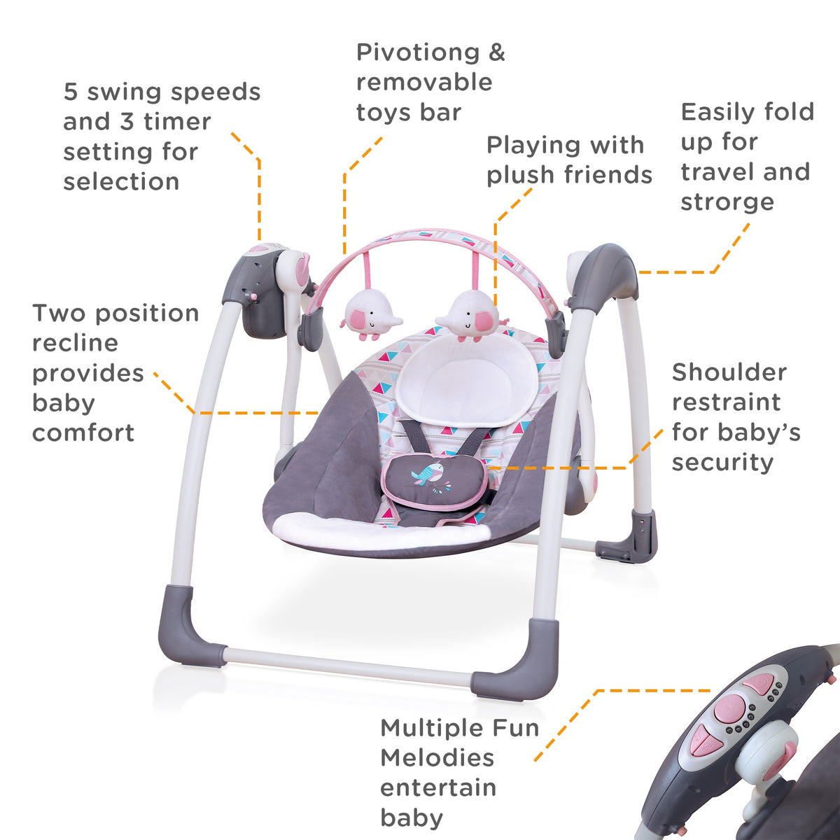 Mastela Deluxe Portable Swing - Fashion-Grey - Birth+ to 24months