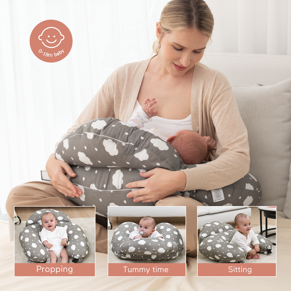 Momcozy Maternity Accessory Adjustable Nursing Pillow Grey &amp; White