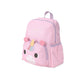 Angled side view of the Skip Hop Besties Squad unicorn kids backpack showing the side bottle pocket, lilac zip trim and top carry handle