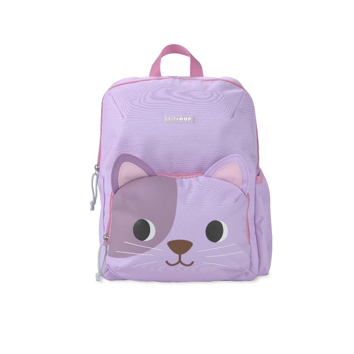 Skip Hop Besties Squad cat backpack for kids in lavender purple, front view showing cat face front pocket with pink ears, whiskers and smiling face