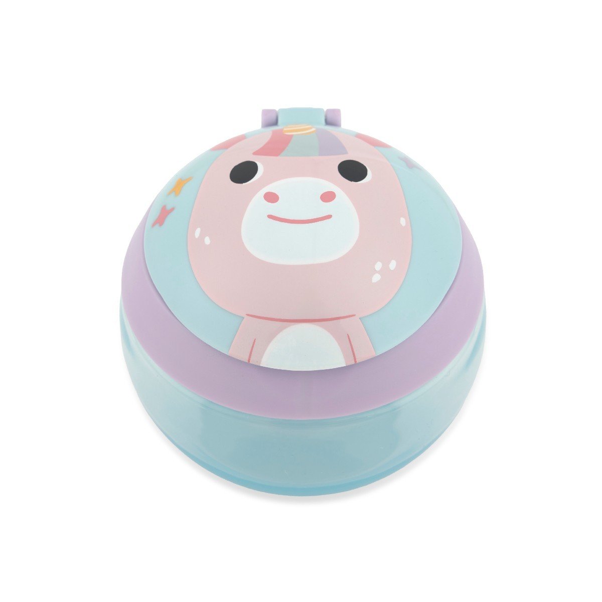 Top view of the Skip Hop unicorn toddler snack cup showing the smiling unicorn face and stars printed on the lid