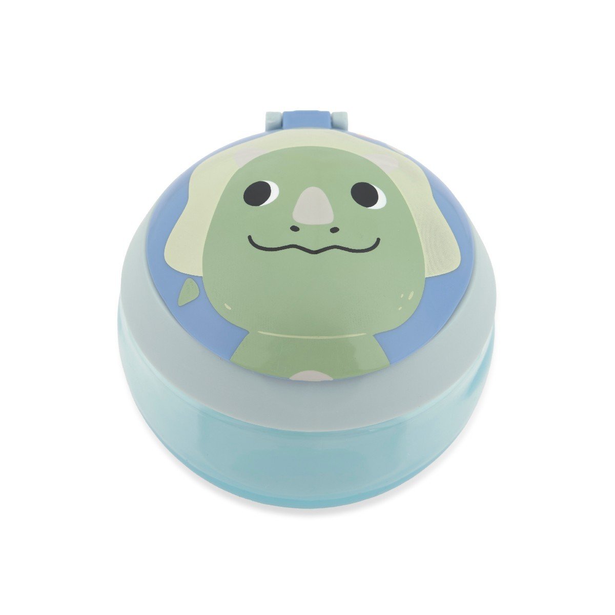 Top view of the Skip Hop dino toddler snack cup showing the smiling green dinosaur face printed on the lid