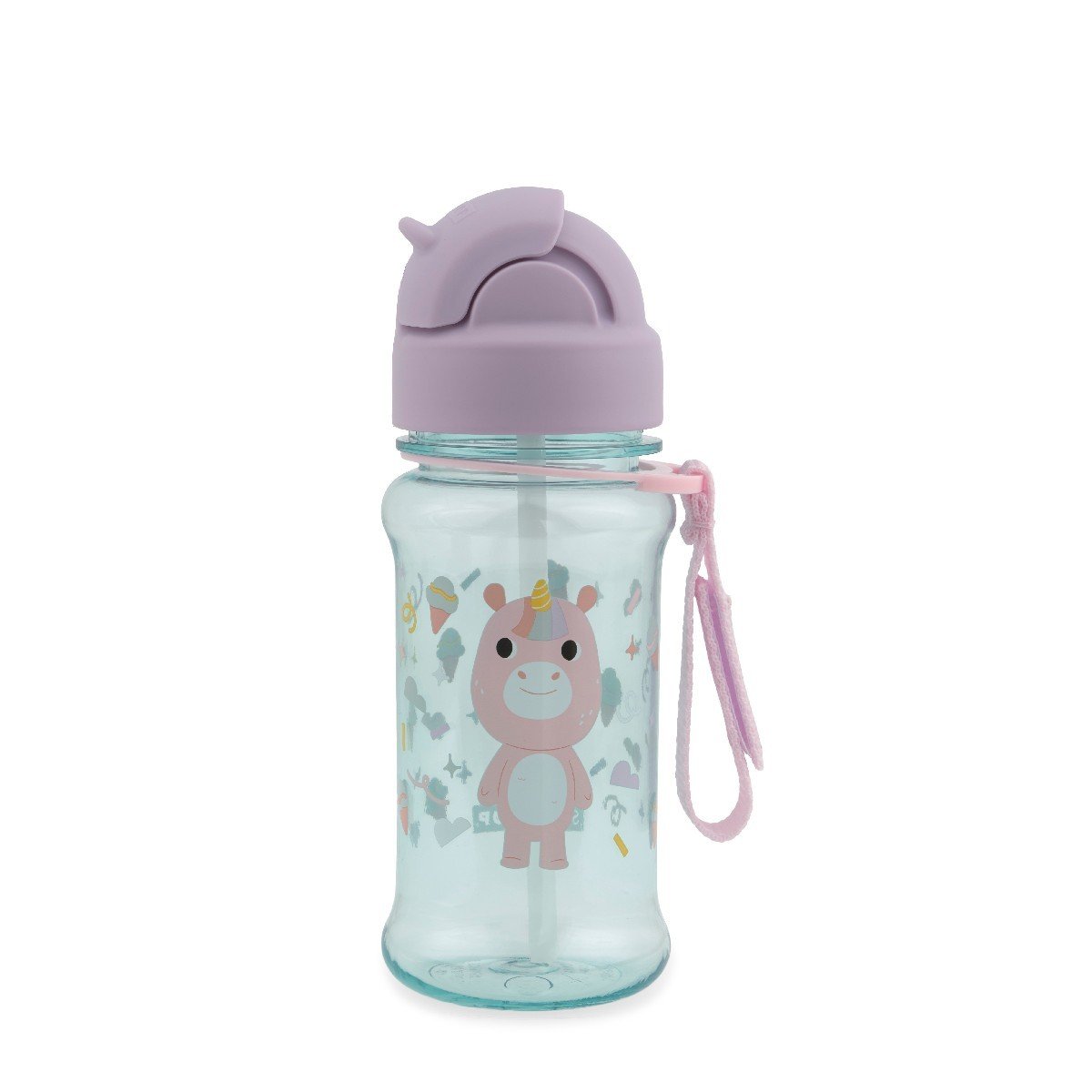 Skip Hop Besties Squad unicorn straw bottle for kids with lilac flip-top lid closed, mint bottle with pink unicorn print and grab strap