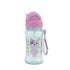 Skip Hop Besties Squad cat straw bottle for kids with pink flip-top lid closed, mint bottle with lavender cat print and lilac grab strap