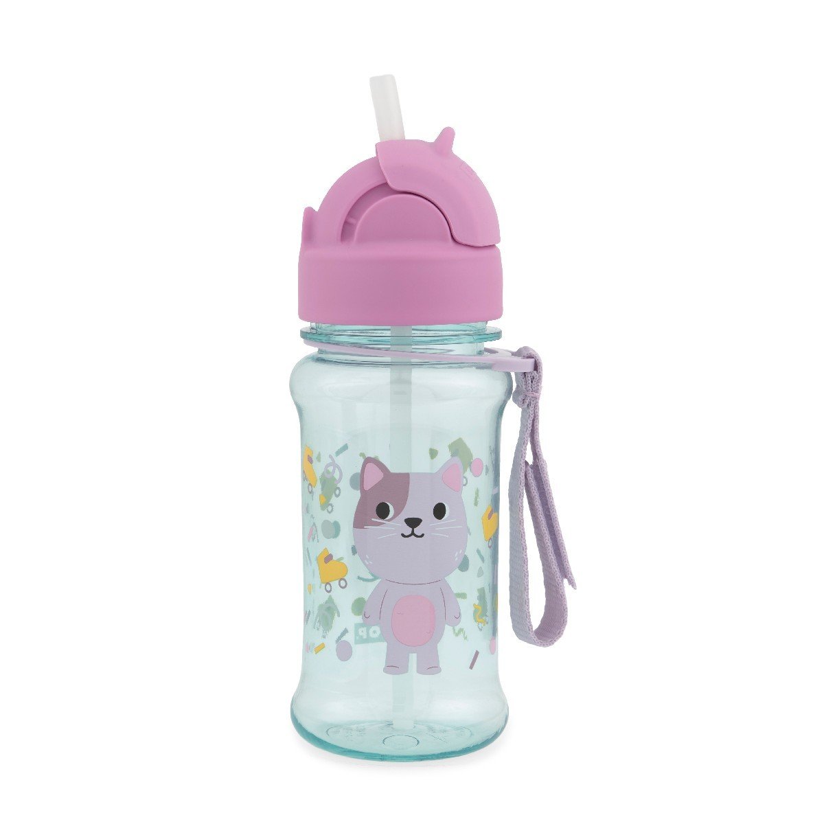 Skip Hop cat kids water bottle with the flip straw popped up ready for sipping, showing the 355 ml bottle and lilac strap