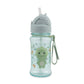 Skip Hop dino kids water bottle with the flip straw popped up ready for sipping, showing the 355 ml bottle and sage strap