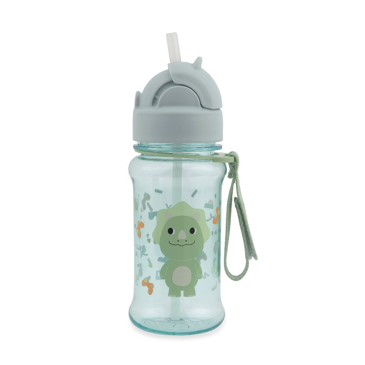 Skip Hop dino kids water bottle with the flip straw popped up ready for sipping, showing the 355 ml bottle and sage strap