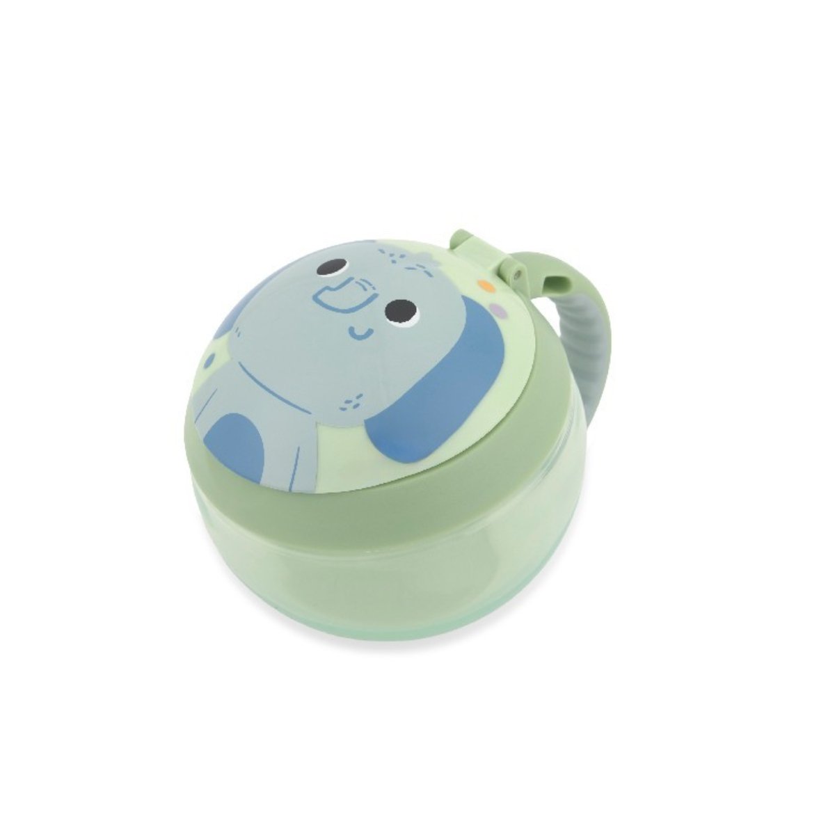 Skip Hop Besties Squad elephant snack cup for toddlers in sage green with blue elephant face lid and grey-blue easy-grip handle