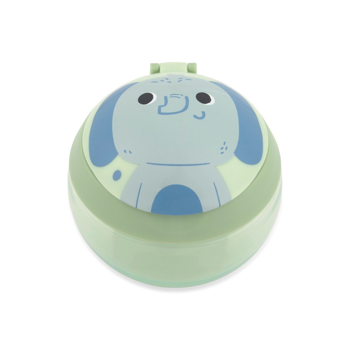 Top view of the Skip Hop elephant toddler snack cup showing the blue elephant with floppy ears printed on the lid