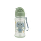 Skip Hop Besties Squad elephant straw bottle for kids with sage green flip-top lid closed, clear bottle with blue elephant print and grab strap