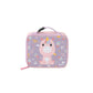 Skip Hop Besties Squad unicorn insulated lunch bag for kids, front view with pink trim and unicorn confetti print on lilac panel