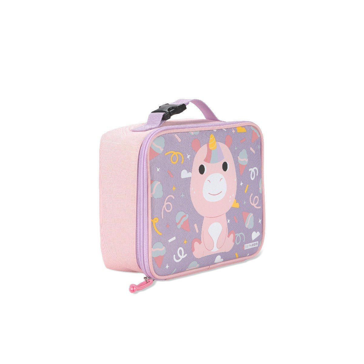 Angled side view of the Skip Hop unicorn kids lunch bag showing pastel pink sides and clip-on carry handle with buckle