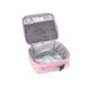 Skip Hop unicorn lunch bag open and empty showing insulated easy-wipe lining, interior mesh pocket and write-on name label
