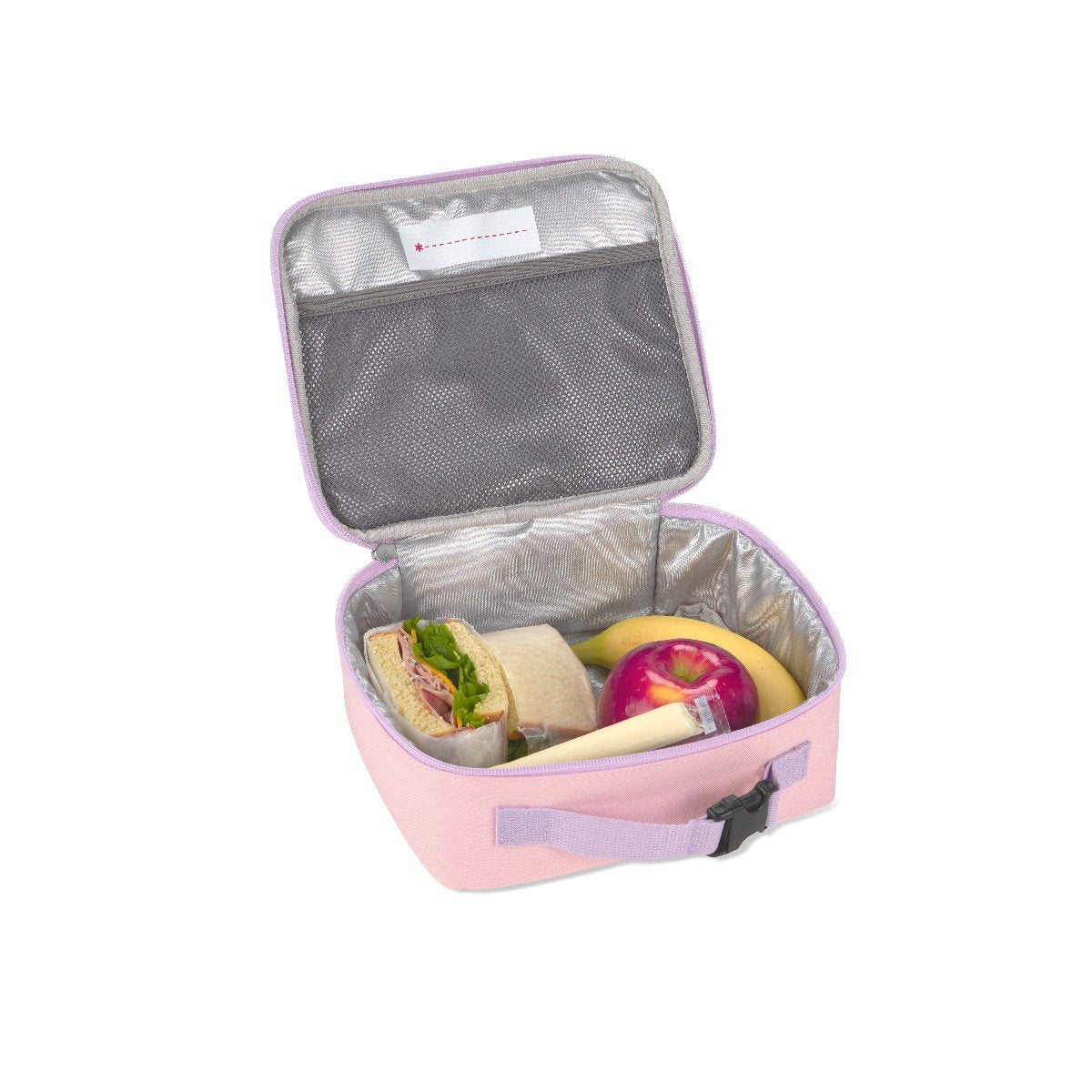 Skip Hop unicorn insulated lunch bag packed with a sandwich, apple, banana and cheese to show its roomy capacity