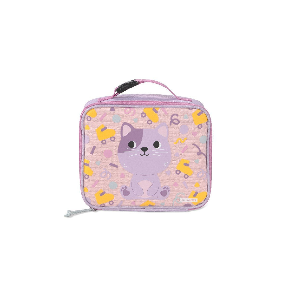 Skip Hop Besties Squad cat insulated lunch bag for kids, front view with lavender trim and cat with roller-skate confetti on blush pink panel