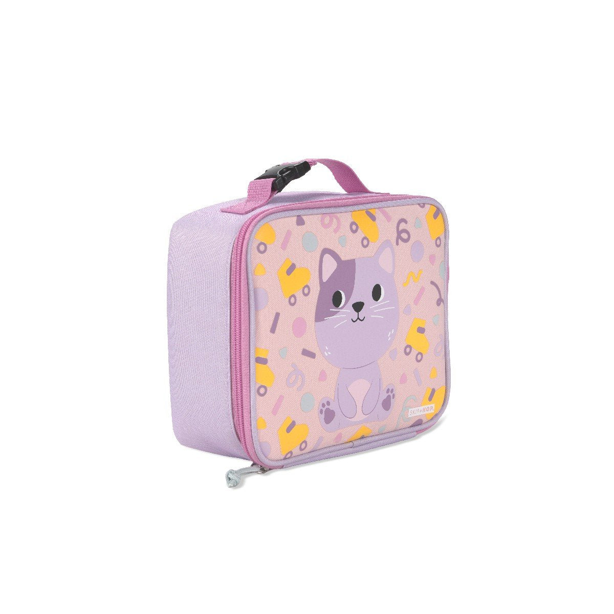 Angled side view of the Skip Hop cat kids lunch bag showing lavender sides and pink clip-on carry handle with buckle