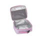 Skip Hop cat lunch bag open and empty showing insulated easy-wipe lining, interior mesh pocket and write-on name label