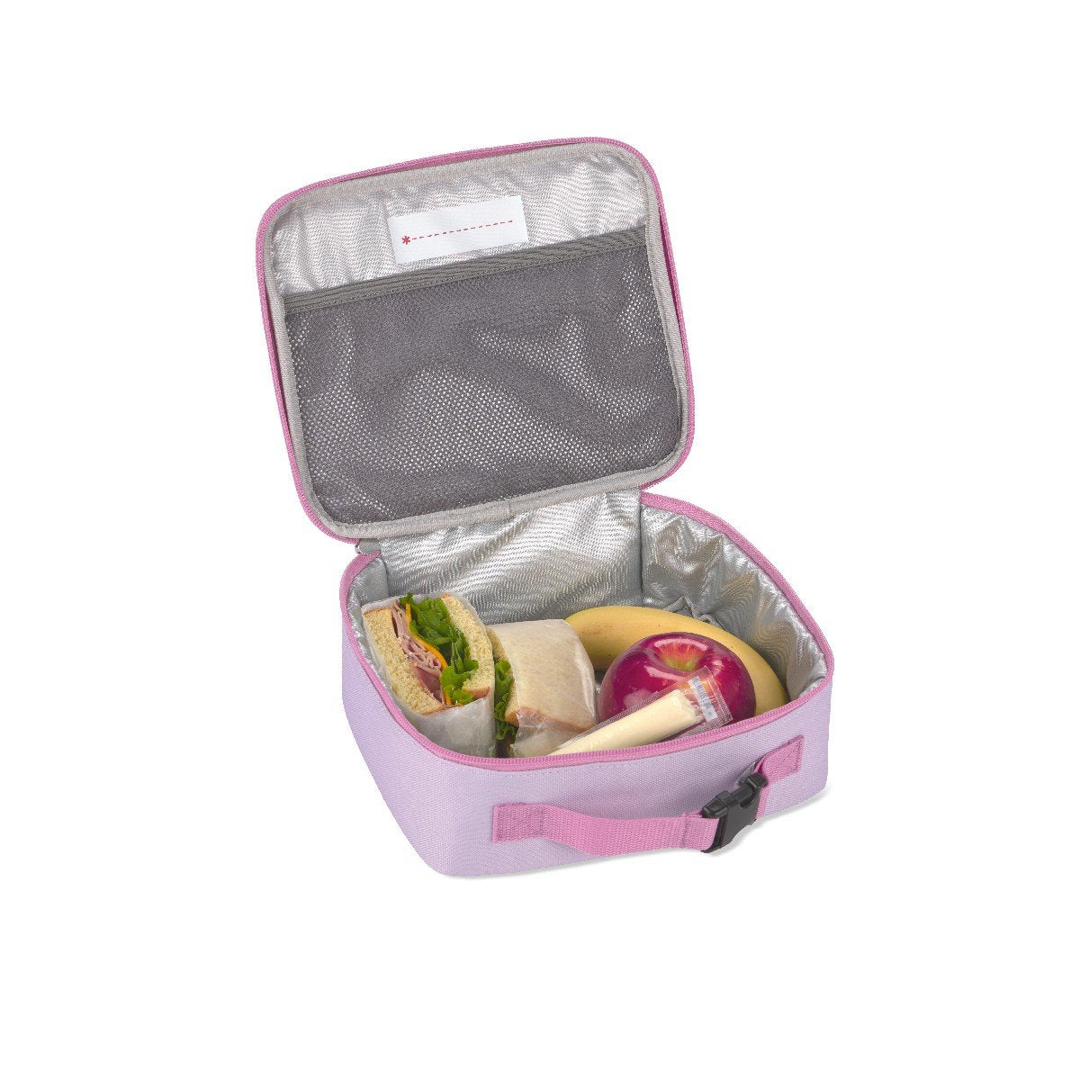 Skip Hop cat insulated lunch bag packed with a sandwich, apple, banana and cheese to show its roomy capacity