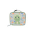 Skip Hop Besties Squad dino insulated lunch bag for kids, front view with sage green trim and dinosaur with game-controller confetti print
