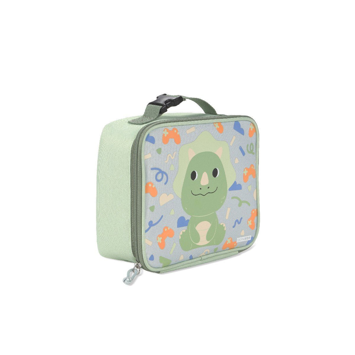 Angled side view of the Skip Hop dino kids lunch bag showing sage green sides and clip-on carry handle with buckle