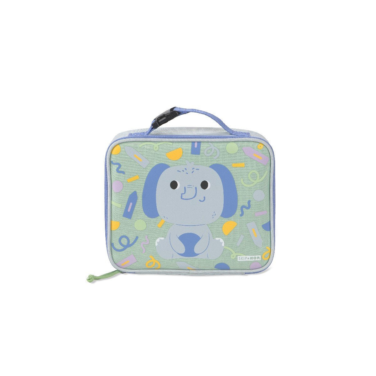Skip Hop Besties Squad elephant insulated lunch bag for kids, front view with periwinkle handle and elephant with crayon confetti on green panel