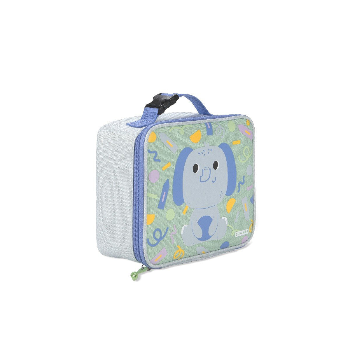 Angled side view of the Skip Hop elephant kids lunch bag showing grey-blue sides and periwinkle clip-on carry handle with buckle