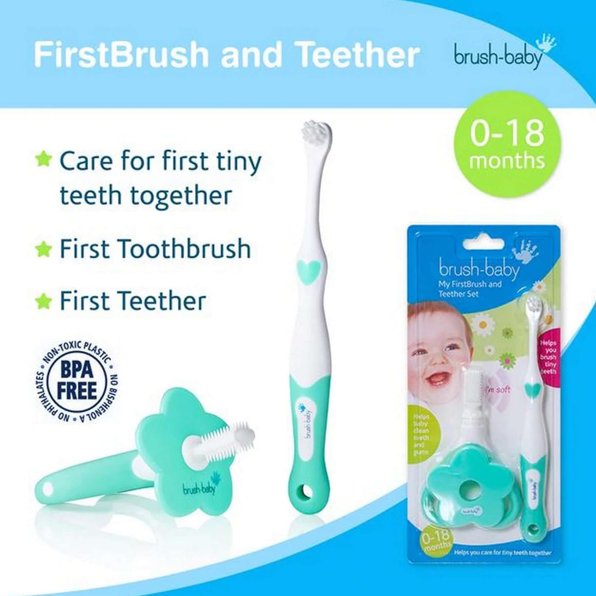 Brush Baby White & Teal My First brush & Teether Set || Birth+ to 18months - Toys4All.in