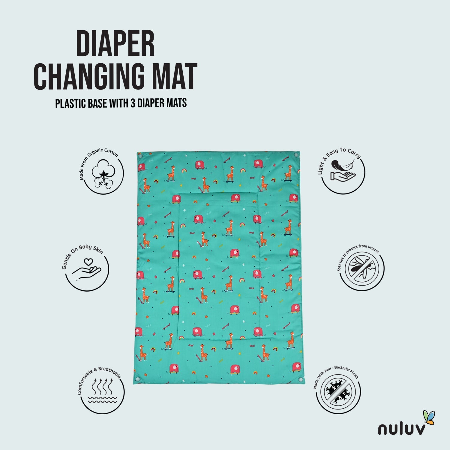 Nuluv Lt Green Diaper Changing Mat (plastic base with 3 diaper mats) 100 % Organic Cotton with Antimicrobial Finish - Toys4All.in